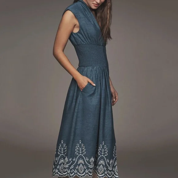 NWT Anthropologie Tommie Denim Chambray Zip Eyelet Embroidered Trim Dress Medium - Picture 3 of 6